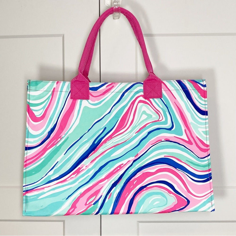 Viv & Lou Marbleous Tote Bag Padded Handle Aqua White Blue Pink Swirl Pattern